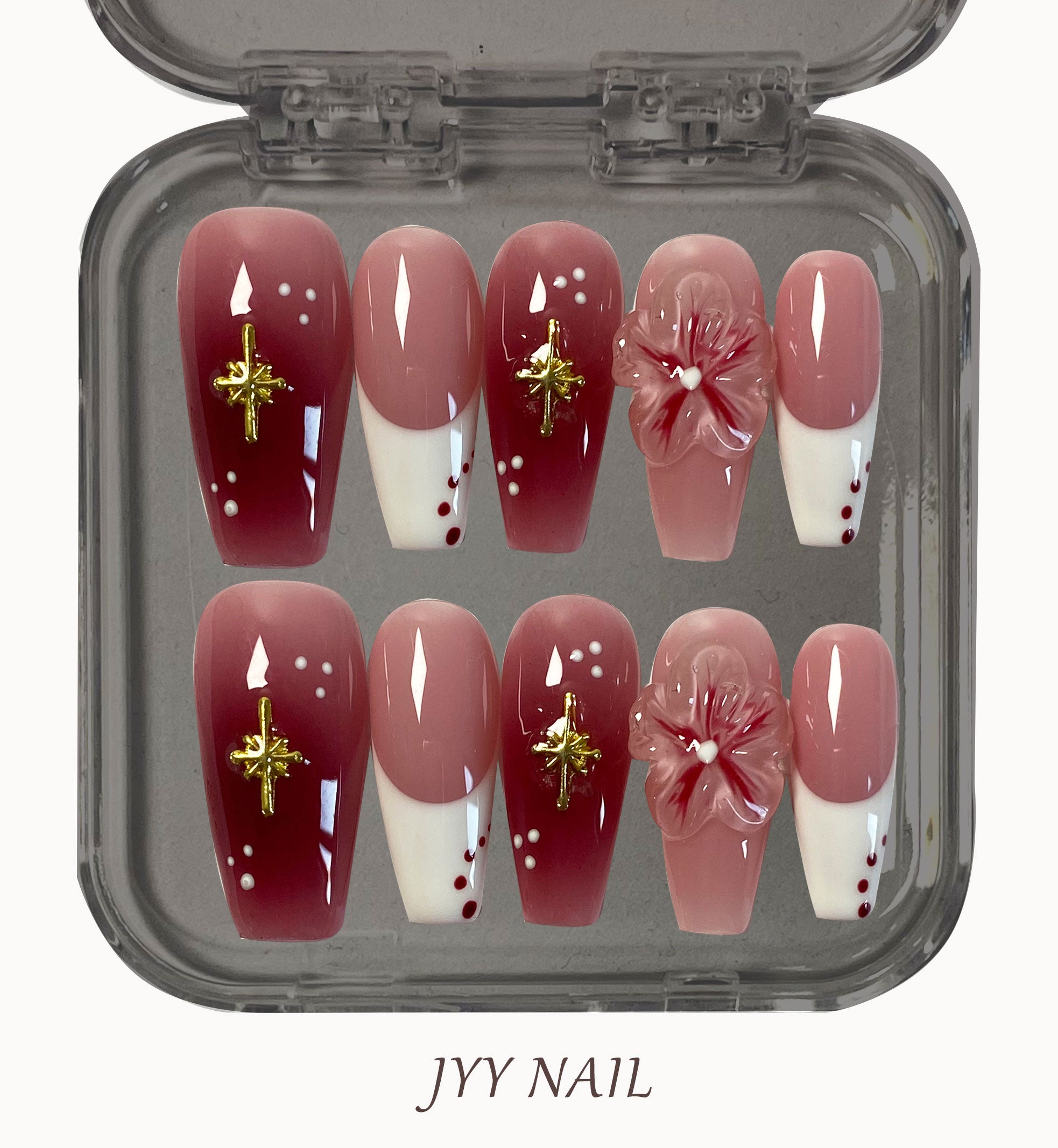 A129 Rose rose: manicura personalizada de lujo de alto nivel con degradado rojo rosa