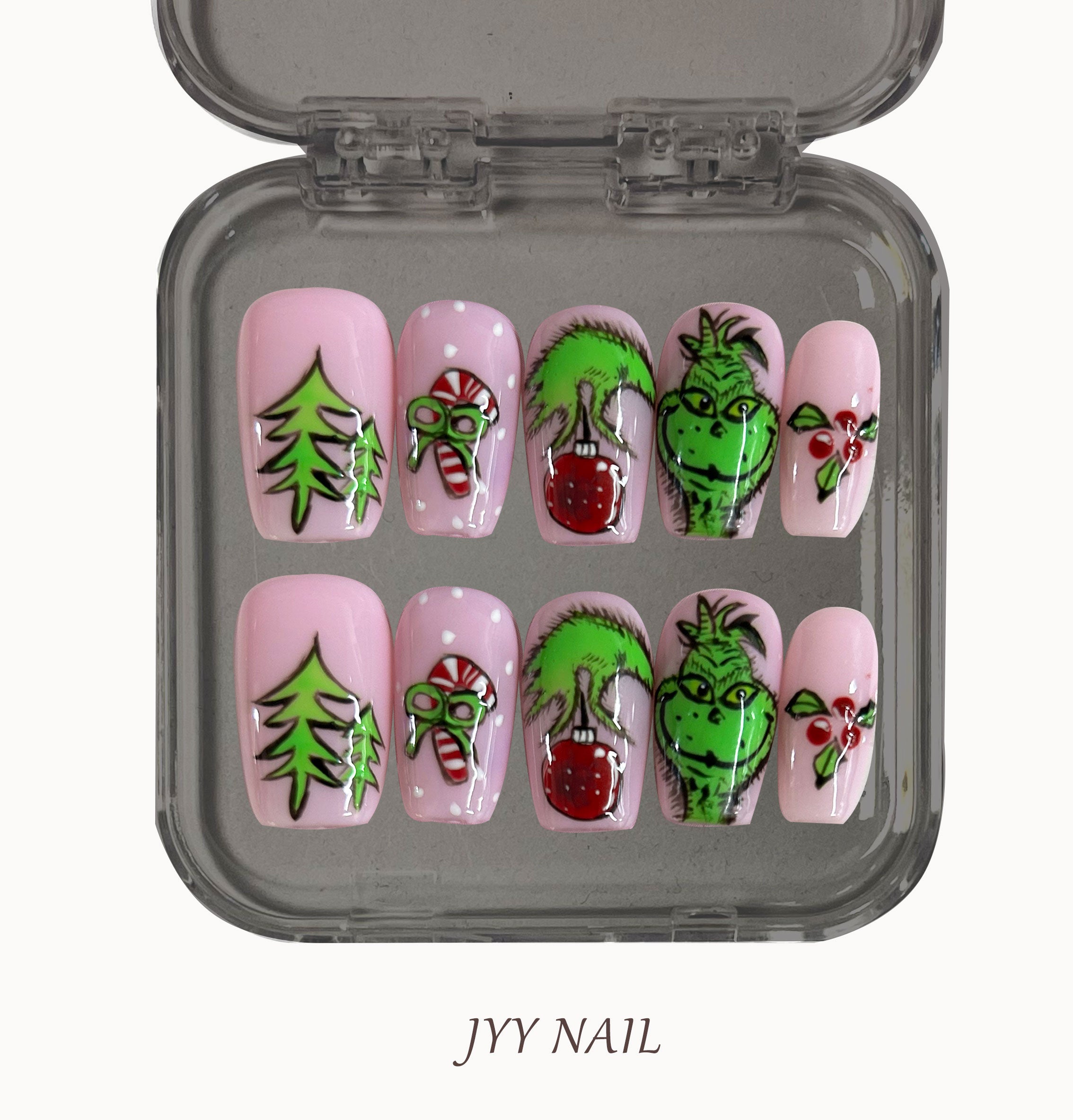 A362 Pink Christmas Green Furrier:Hand painted heavy industry Christmas series nail art