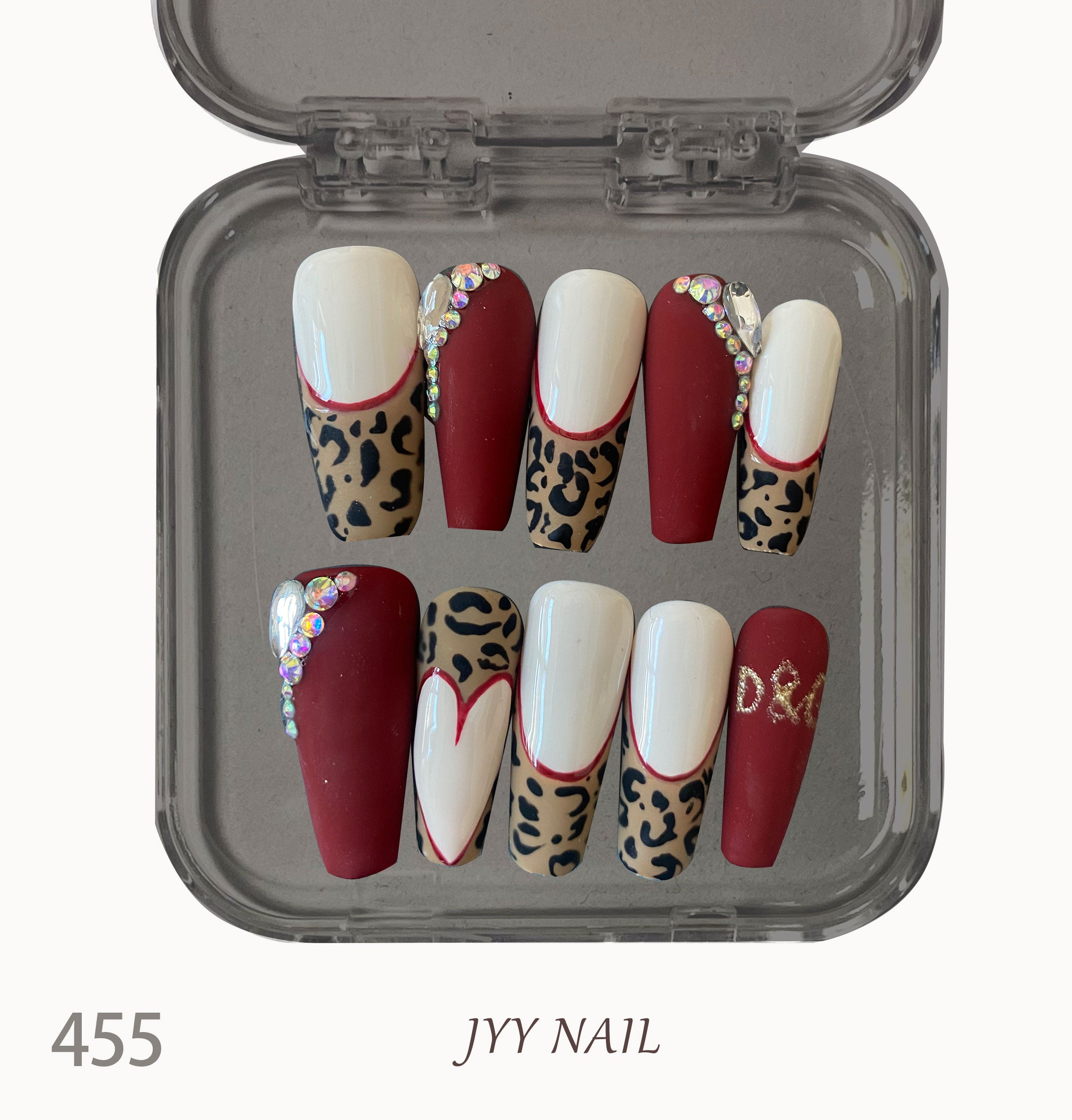 A455 Wine-red frosted leopard print:Exclusive hand-painted French leopard print manicure