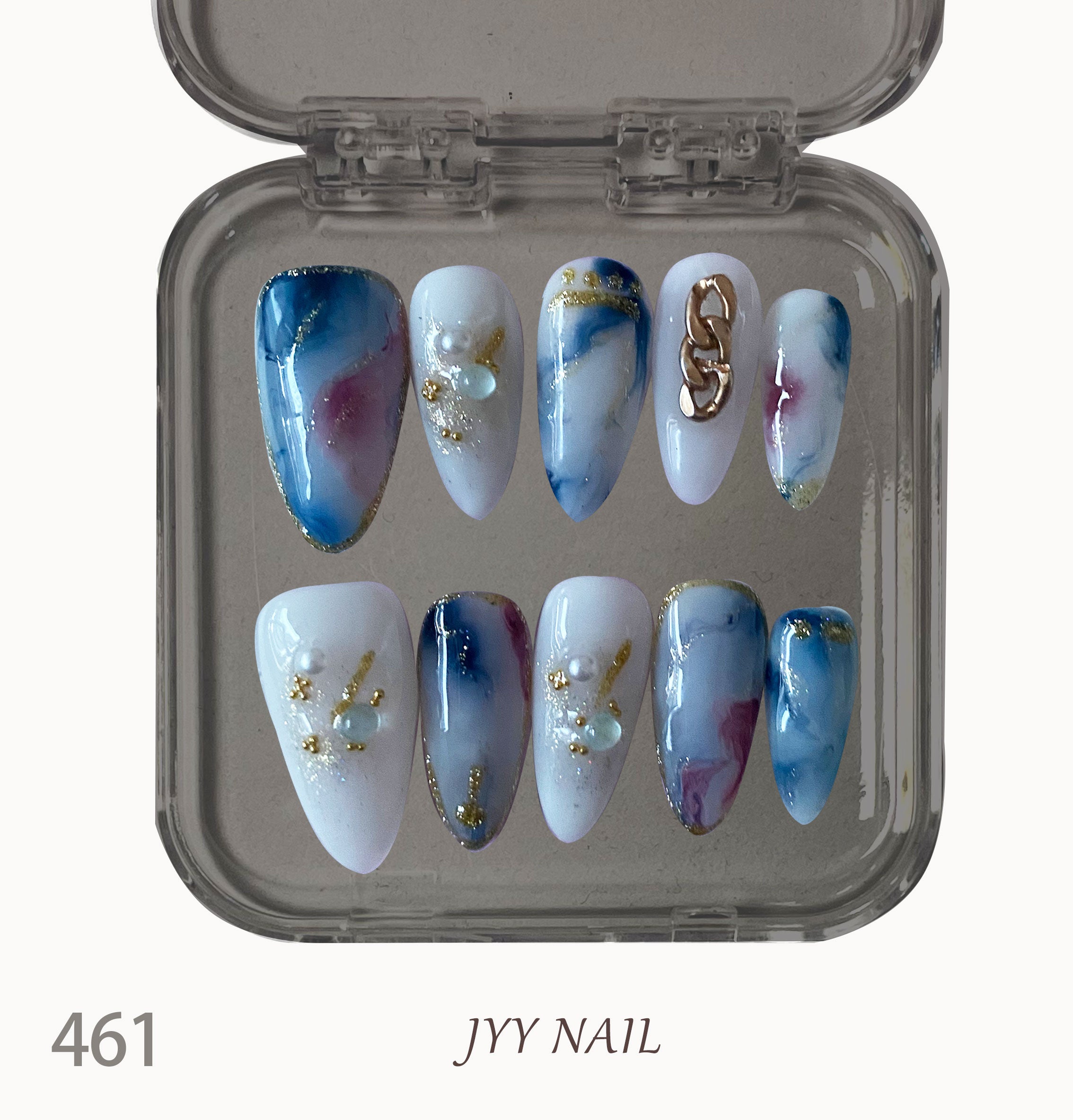 A461 White and blue:Pure hand-painted advanced smudged manicure