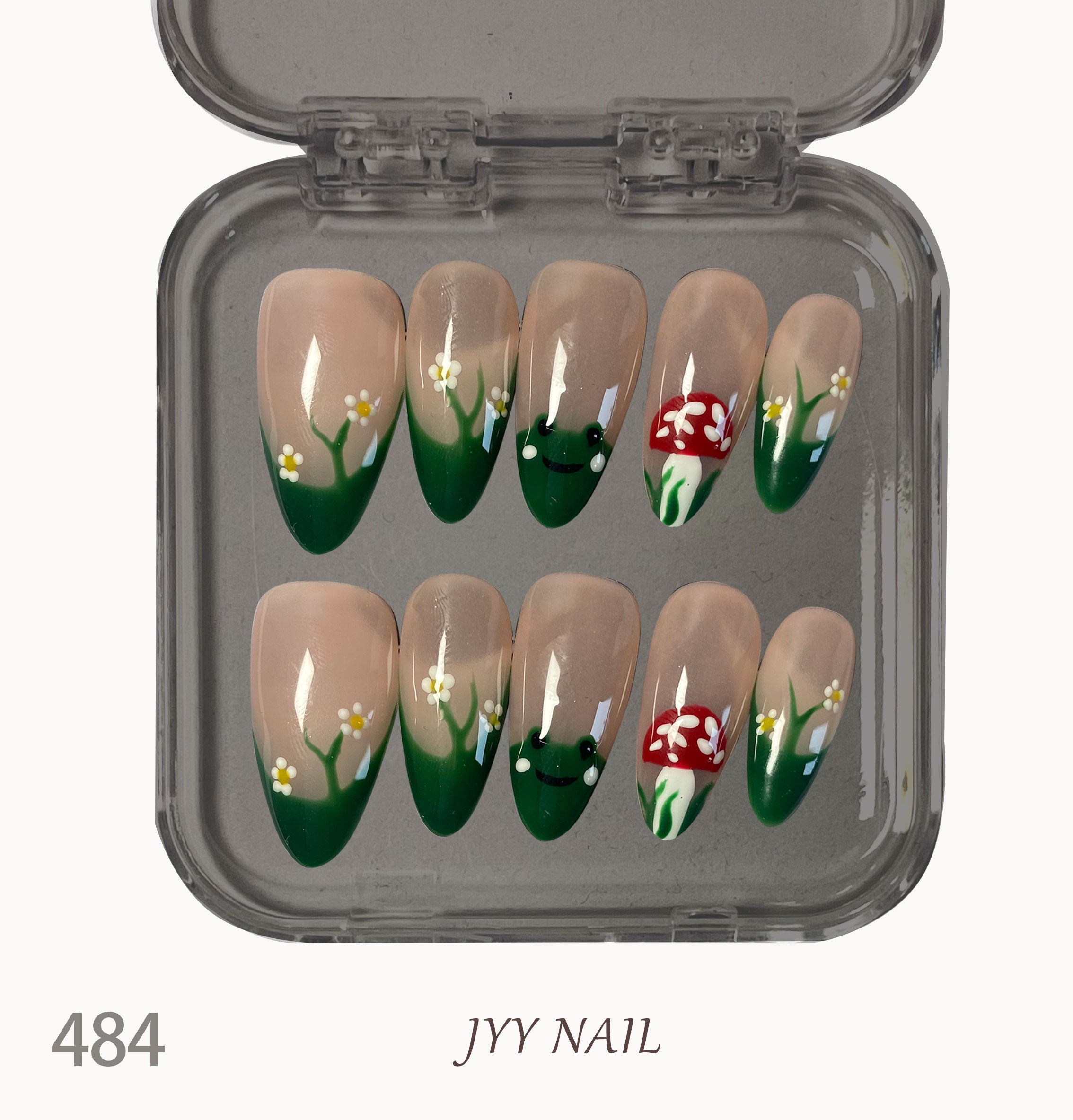 A484 Frog mushroom：Pure hand-painted cartoon series nail art
