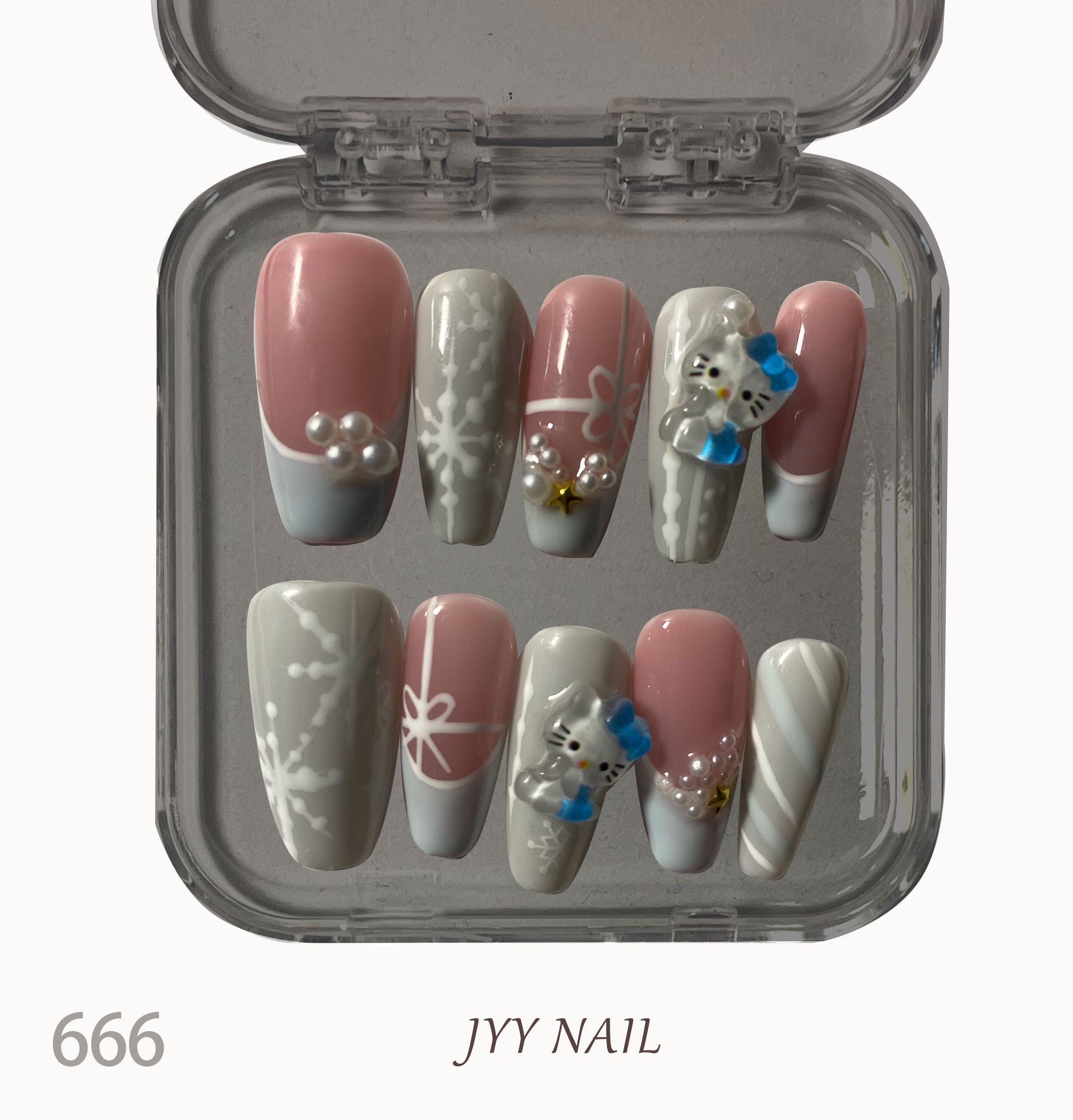 A666HelloKitty Snowflake：3D hand-painted snowflake HelloKitty nails