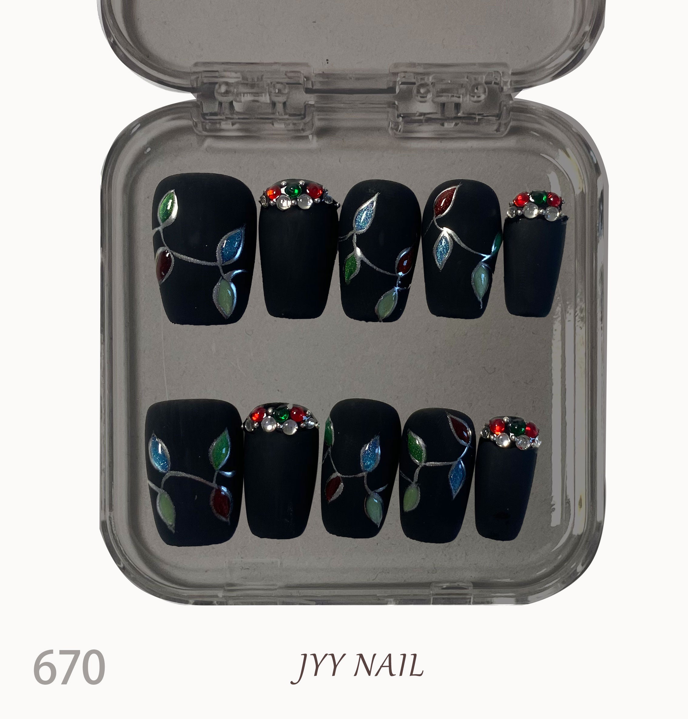 A670Black leaf：Hand painted black leaf nails