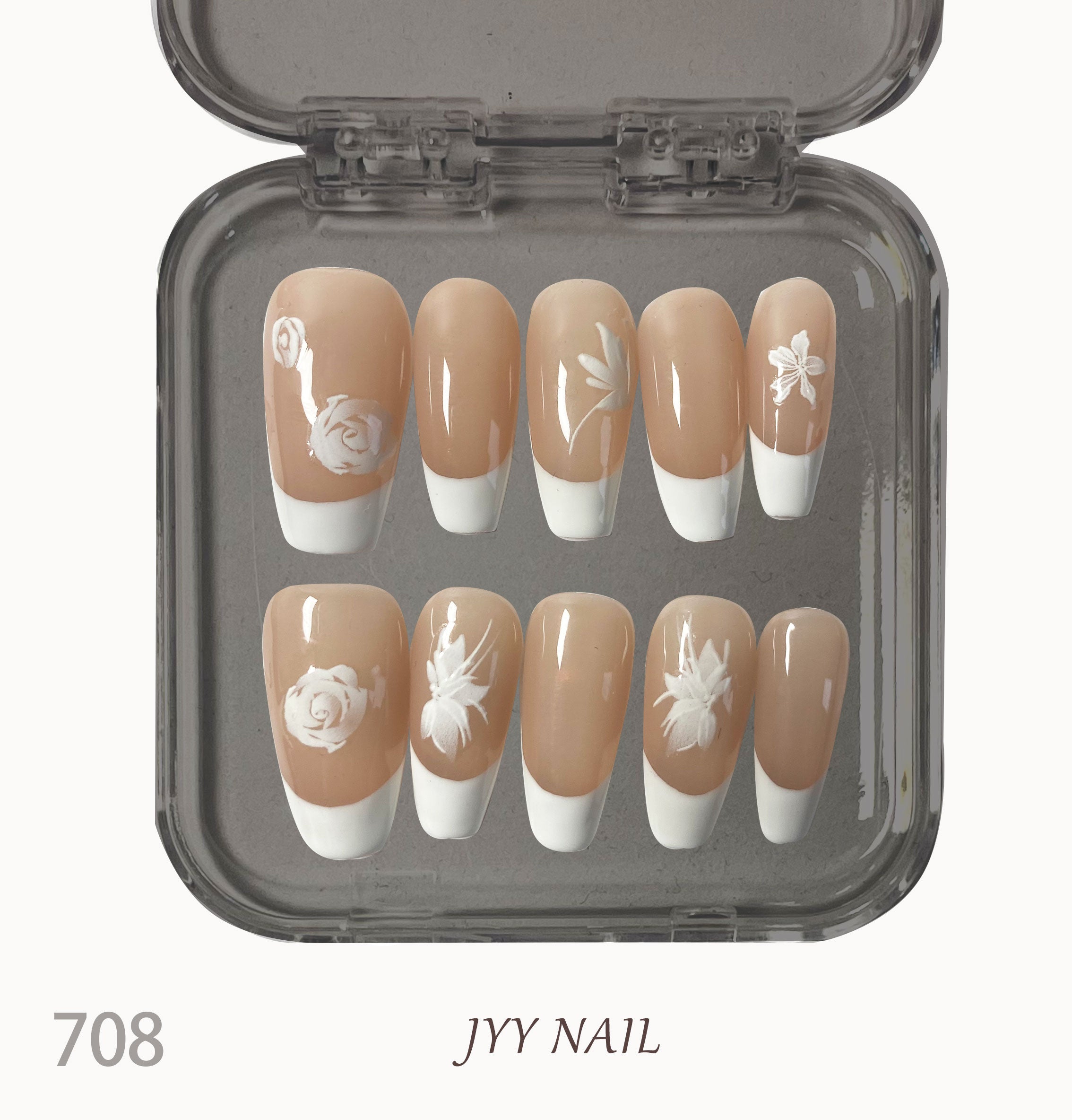 A708French rose：Hand-painted French rose nails