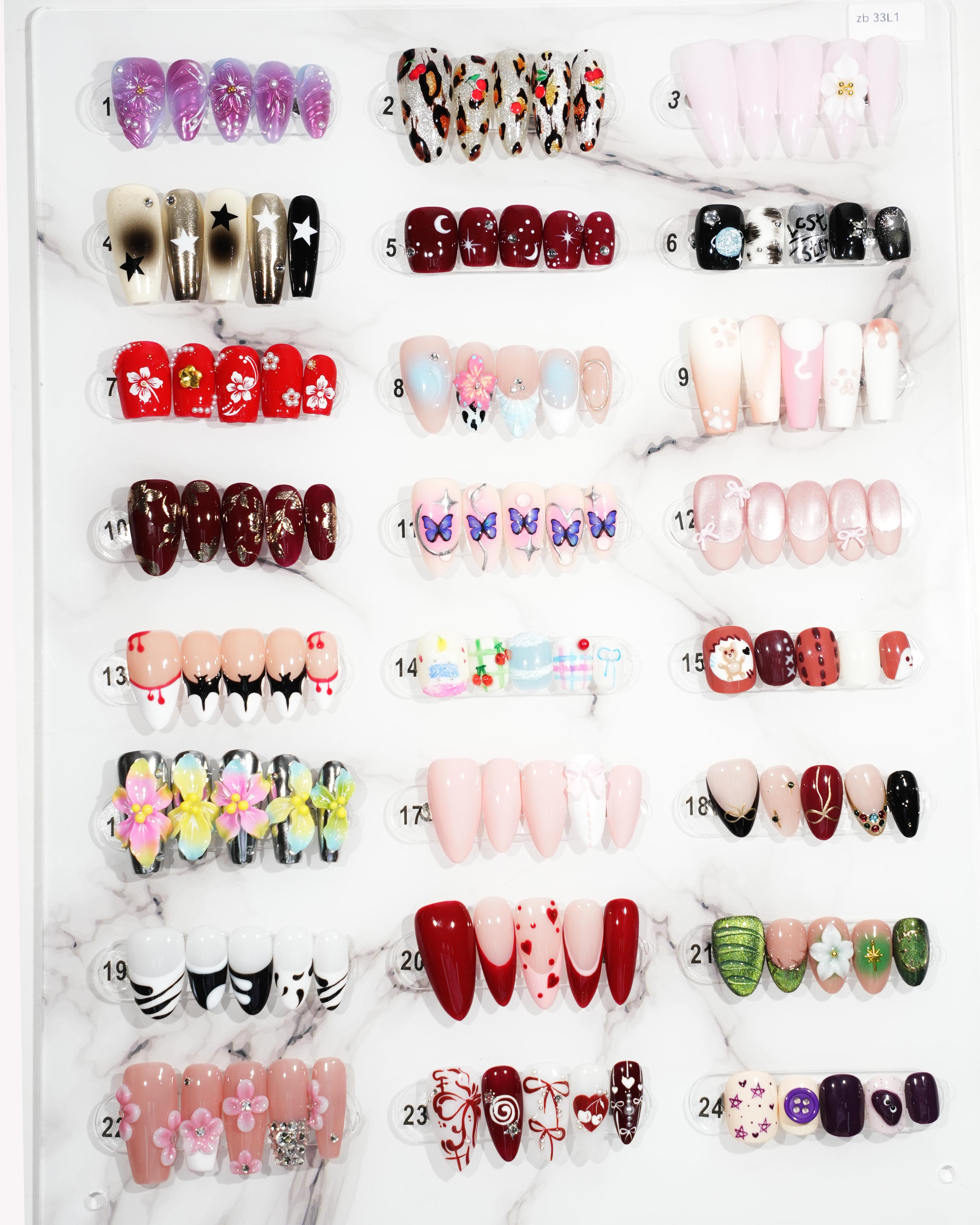 zb33..A variety of almond-shaped and square nails.